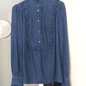 Boden Denim Ruffled button Smocked Cotton Shirt SZ 2